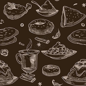 咖啡饮料和甜点无缝模式孤立在棕色背景草图概述矢量上一杯加肉桂和口味的热饮一碗加糖巧克力和蛋糕平式的碗咖啡饮料和甜点无缝模式草图概图片