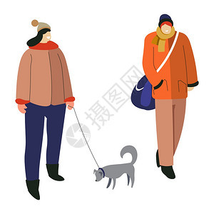 身着冬衣的男女站着孩带狗走在皮上孤立的人物矢量上有宠和随行者身携带袋户外活动在寒冷天气中行走的夫妇冬季活动女带着狗行走和包的男人图片