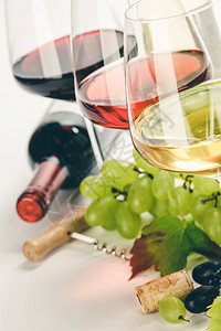 白底红玫瑰酒和葡萄的玻璃杯图片