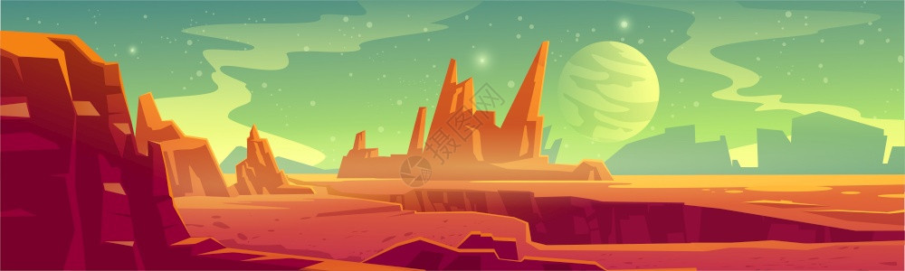 用于空间游戏背景的外星行观矢量漫画幻想图解以红沙漠和岩石卫星天空中的恒显示宇宙和火表面外行景观火表面图片