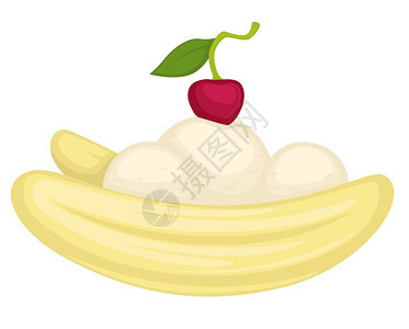 香蕉甜点配有冰淇淋或慕斯和樱桃矢量的香蕉甜点配有奶油成分的孤立食物水果加有奶油成分和果汁的上面有叶子的果汁配有蛋白质天然热带成分图片
