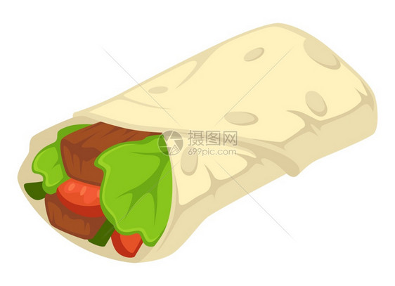 配有墨西哥菜叶的Burrito配有墨西哥菜叶的配有带天然机成分的墨西哥菜食谱面包矢量孤立菜盘配有墨西哥菜食谱肉配有西红柿黄瓜和绿图片