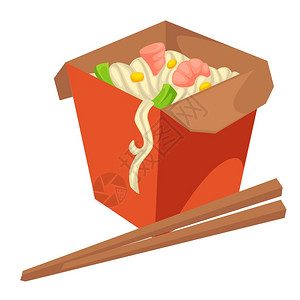 面条类豆食品包装中有筷子病媒的孤立餐面糊以东方风格的或日本食谱传统菜盘烹饪用绿和虾类海鲜外卖食品面条类用筷子病媒包装的面条食品图片