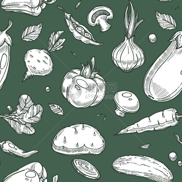 绿本底胡萝卜马铃薯蘑菇和黄豆植物单色草原图提纲为烹饪公寓风格调制的草药食品和有机蔬菜无缝模式图片