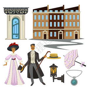 190年代时尚风格和建筑符号服装和配件矢量门建筑伞或草帽和旧灯笼穿手杖的男子和妇女190年代符号男女旧时装风格和建筑图片