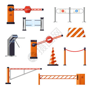 停止起重机和障碍物入口或自动转盘道路锥形孤立物体矢量大门和栅栏封闭的停车和边界高速公路或障上的带条栅栏碍物和停止起重机入口或转盘图片