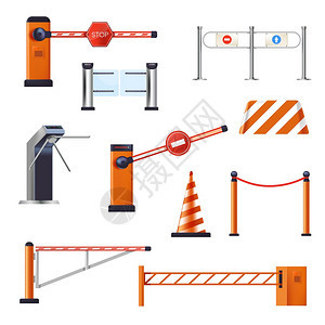 停止起重机和障碍物入口或自动转盘道路锥形孤立物体矢量大门和栅栏封闭的停车和边界高速公路或障上的带条栅栏碍物和停止起重机入口或转盘图片