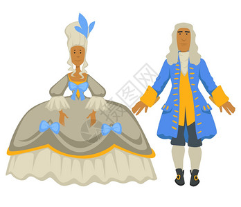 古老的时装情侣穿服装和外套皇室接待长相Rococo风格老式时装女球衣和男假发图片