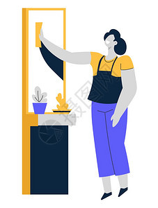 家庭工作清洁服务或家庭主妇女擦照镜矢量室内家具清洗或家务和管理衣物家庭作业卫生和清洁服务家庭主妇或女擦照镜家务工作图片