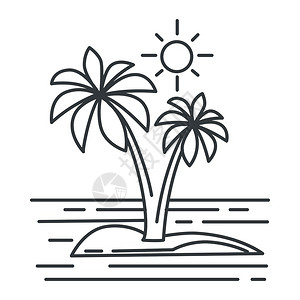 大海岛屿插画-大海岛屿卡通-夏季房屋海滨的平热带旅馆建筑和棕榈树