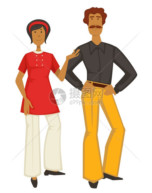 1970年代的夫妇有胡子男和穿长裤嬉皮的女70年代的老式时装载体男女角色老式服装 衬衫和礼装设计旧式穿裤子的男女插画图片下载 正版图片 摄图网