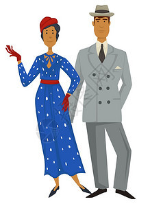 1930年代的情侣穿旧西装的男子和穿长手套的女子30年代的时尚风格向量男女角色旧服装和配件设计旧式1930年代的时装服男女图片