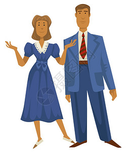 1940年代的夫妇穿超大西装的男子穿着蕾丝的女子40年代的时装风格矢量女和男人物旧式服装设计已婚夫妇1940年代的时装风格穿西的图片