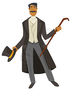 190年代时装风格穿旧西大衣和有甘蔗的圆筒服装设计矢量和的男子穿旧服装长胡子和的男穿老式服装领和背心的绅士穿圆筒和拐杖的绅士19图片
