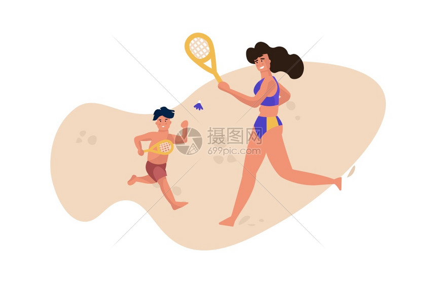 母亲和儿子在海滩上玩耍矢量插画图片
