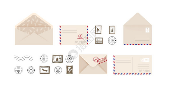 邮卡和信封收集前侧和后的开封信贴及邮票印有副本空间的纸或板模邮件快递广告矢量孤立套件快递广告带副本空间的纸模板矢量孤立套件图片
