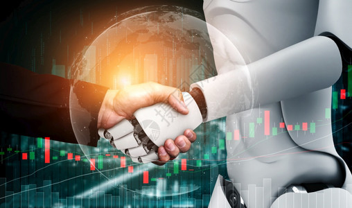 3D让人类机器与股票市场交易图表握手显示AI思考大脑人工智能和机器学习过程的买卖决定图片