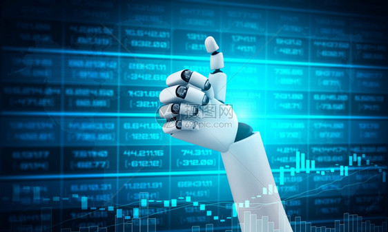 机器人手举起来庆祝通过使用人工智能思维和金融技术的机器学习过程而实现的货币投资成功图片