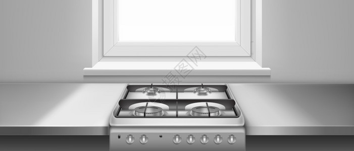 厨房桌和炉灶配有蜂窝和黑钢炉的煤气向导实际展示靠近窗户的金属炉顶和灰色厨房柜台无油漆的烹饪炉厨房桌和烧烤炉配有蜂窝的煤气炉图片