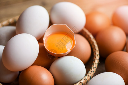 在篮子健康饮食概念新鲜破碎蛋黄中从农产品自然收集的鸡蛋和鸭图片