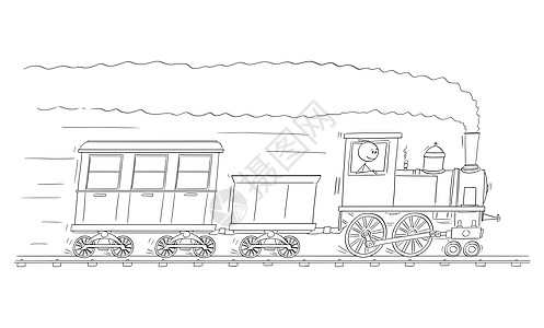 电动卡通插图说明驾驶蒸汽火车发动机或在铁路轨道上运行的人或工程师驾驶的蒸汽火车发动机或头图片