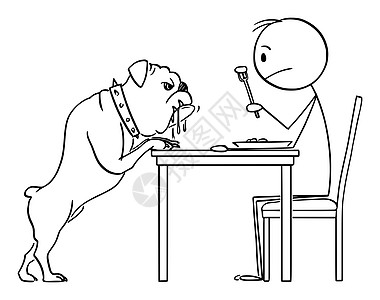 矢量卡通插图说明人们吃午餐和流口水的斗牛犬狗正在看着他图片