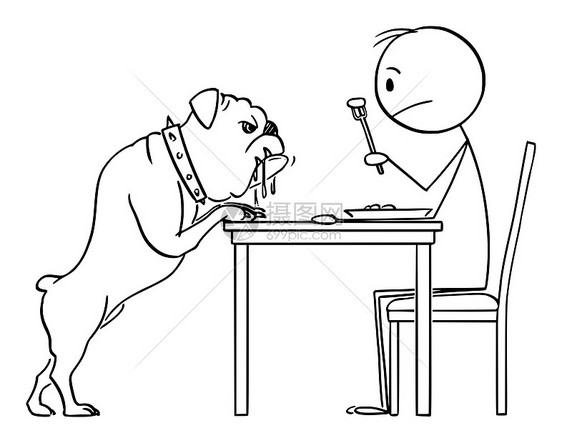 矢量卡通插图说明人们吃午餐和流口水的斗牛犬狗正在看着他图片