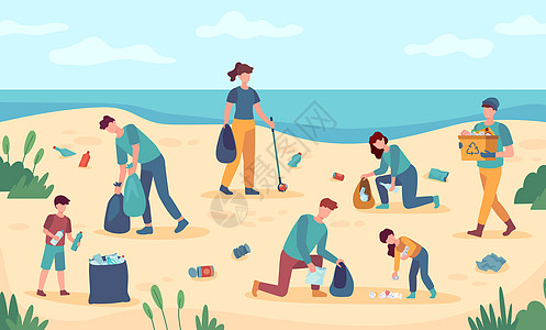 海滩清理垃圾志愿者背景图片