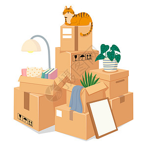 用于移动的箱子堆放棕色纸板包内装搬入新房子的材料箱装密封货物堆叠矢量移动概念说明堆放并包装箱以移动装堆放箱装密封货物堆放背景图片