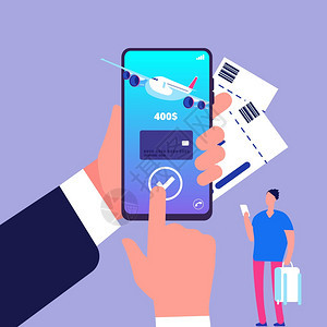 在线机票概念用智能手机购买票在线付款矢量说明购买机票用于旅行飞机使用智能手机购买票在线付款矢量说明图片