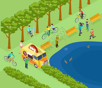 人们在公园里放松骑自行车拍照和钓鱼矢量插画图片