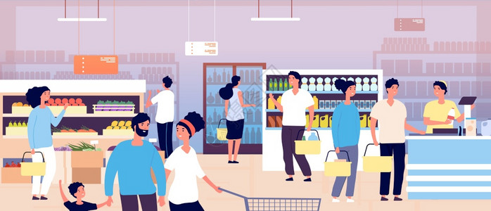 大型超市杂货店的人在超市购买食品的顾客选择产品的顾客消费主义病媒概念超市内部购买食品和饮料插图食品和饮料说明消费主义的媒介概念食品和饮料插画