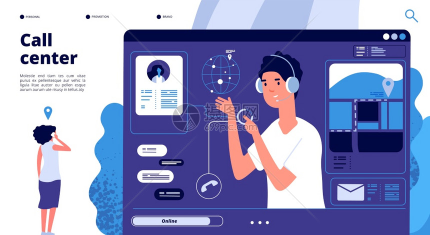 在线支持概念呼叫中心客户与操作员聊天顾问帮助客户24x7支持矢量登陆页面说明操作员支持帮助客户聊天在线支持概念矢量登陆页面图片