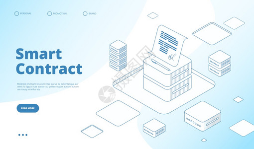 智能合同概念Eetherum加密技术承包商与数字签矢量等着陆页的协议说明加密智能合同交易链图片