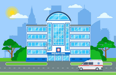医院建筑外部和城市景观卡通矢量插画图片