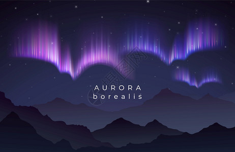 Aurorairamalis矢量图北夜星空与山岳光影反射北极天空之夜的北极光向矢量图夜星空与山岳光影反射图片