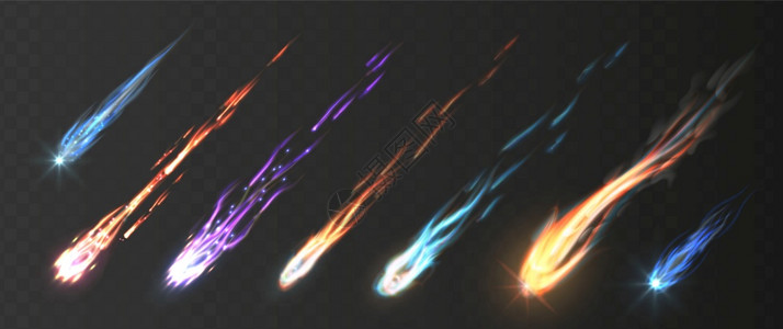 彗星和陨石集矢量现实的流星和有火道球气象雨矢量元素Illustraiton火道在空间中闪烁星系的陨石气象雨矢量元素背景图片