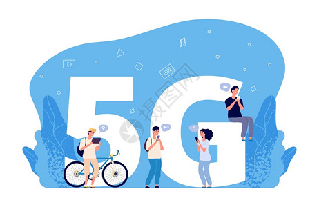 5g网5G互联网概念平面人物在线对话互联网朋友搜索5G网络无线技术用于通信移动电话连接互联网5g络插图G无线技术用于移动电话通信插画