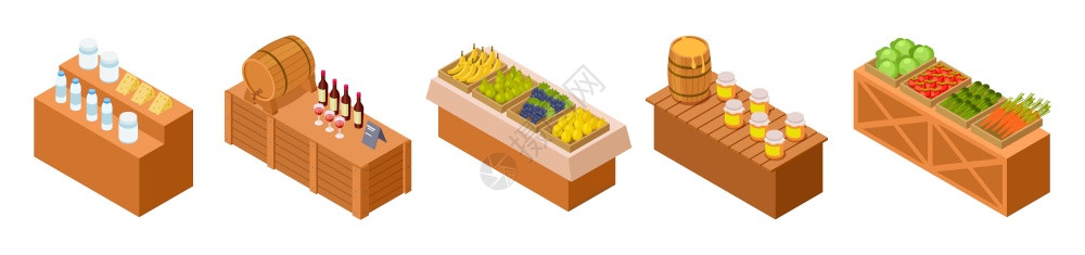 农民市场摊位传统餐具蔬菜和水果带新鲜商品的矢量木制柜台说明有机市场农民站立和拖延酒蜂蜜带新鲜商品的矢量木制柜台图片