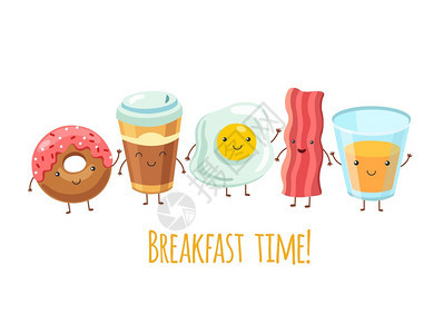 早餐快乐鸡蛋三明治咖啡炸培根早餐卡通有趣的食物朋友餐具早食品培根和咖啡新鲜插图早餐炒培根烤肉朋友餐具图片