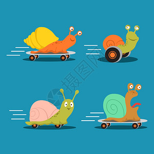 快速人物蜗牛的卡通矢量集快速蜗牛在滑冰上快乐慢的动物快速人蜗牛的卡通矢量集图片