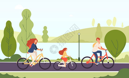 父母和孩子在户外公园一起骑自行车图片