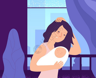 抱着婴儿感到焦虑的妈妈卡通矢量插画图片