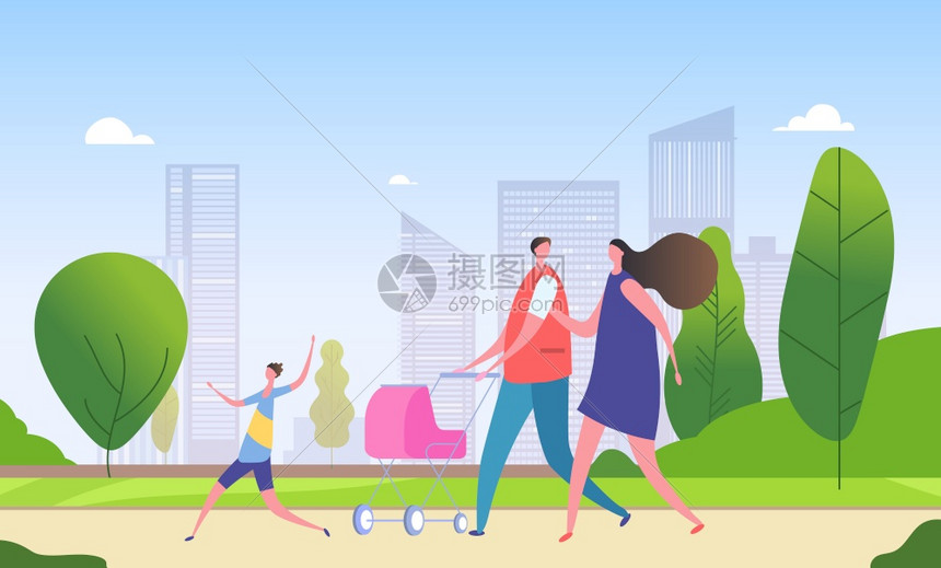 卡通家庭步行城市街道矢量图插画图片下载-正版图片306561863-摄图网