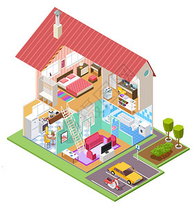 住房建筑与厨卧室浴内部隔开分3D矢量房屋在里面浴室和厨房内部与家庭建筑插图一模样图片