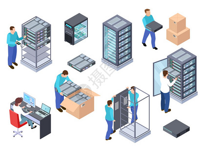 信息技术服务器工程师电信云服务器计算机和雇员矢量3D套说明房间服务器中心硬件云数据库服务器室等量信息技术服务器工程师计算机和雇员图片