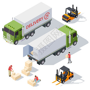 与送货卡车箱和送货人员一起收集的载货矢量元素与运货卡车箱和送人员一起收集的载货量等矢元素图片