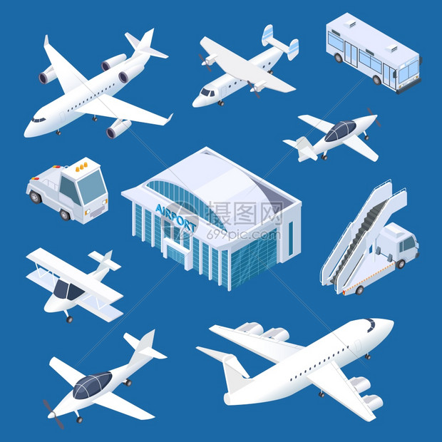 机场建筑空中广和机矢量装置的运输飞机和场楼间图例图片