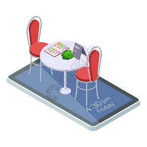 具有移动应用程序等量概念的咖啡馆或餐在线保留台智能电话屏幕上的等量餐厅表说明带有移动应用程序概念的咖啡馆或餐在线保留台图片