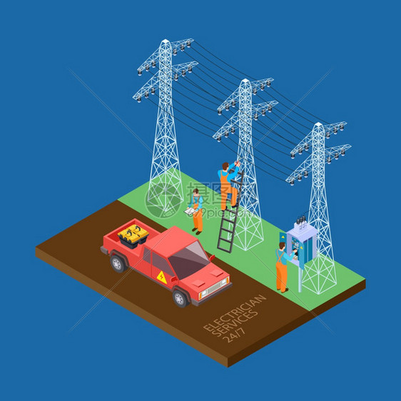 电动城市服务3d等量矢构成人修补城市电力缆工和设备插图图片